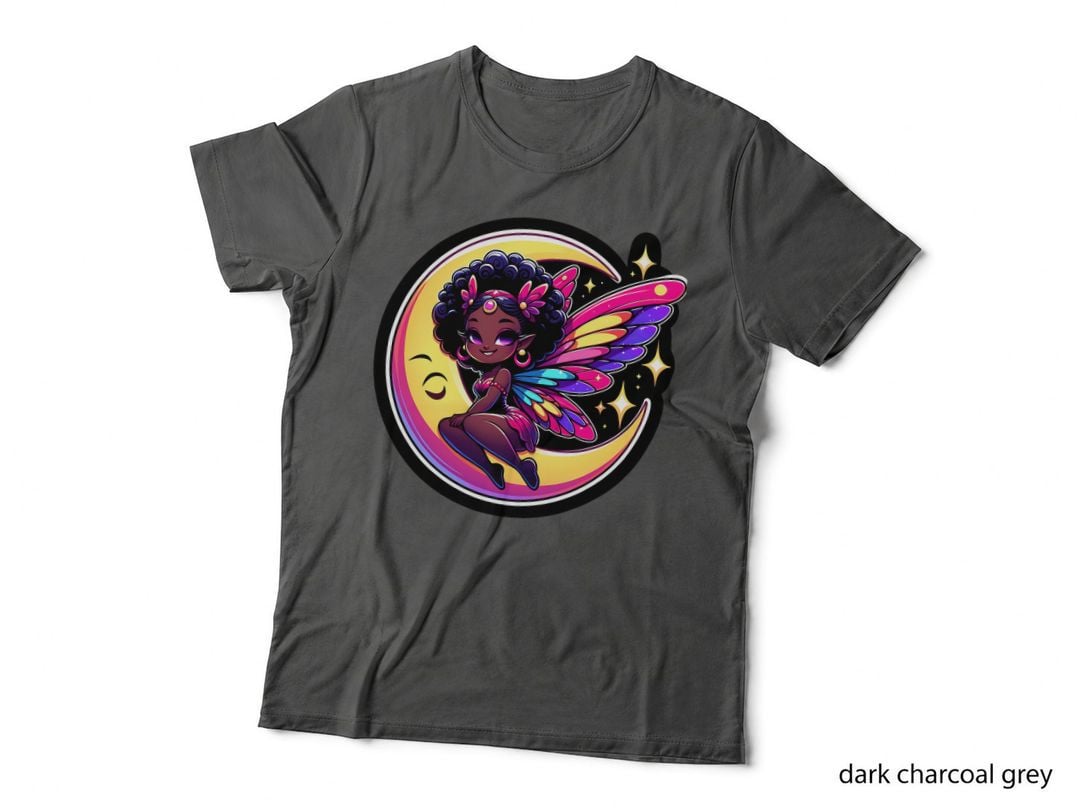 Colorful Whimsical Black Girl Fairy on Crescent Moon T-Shirt