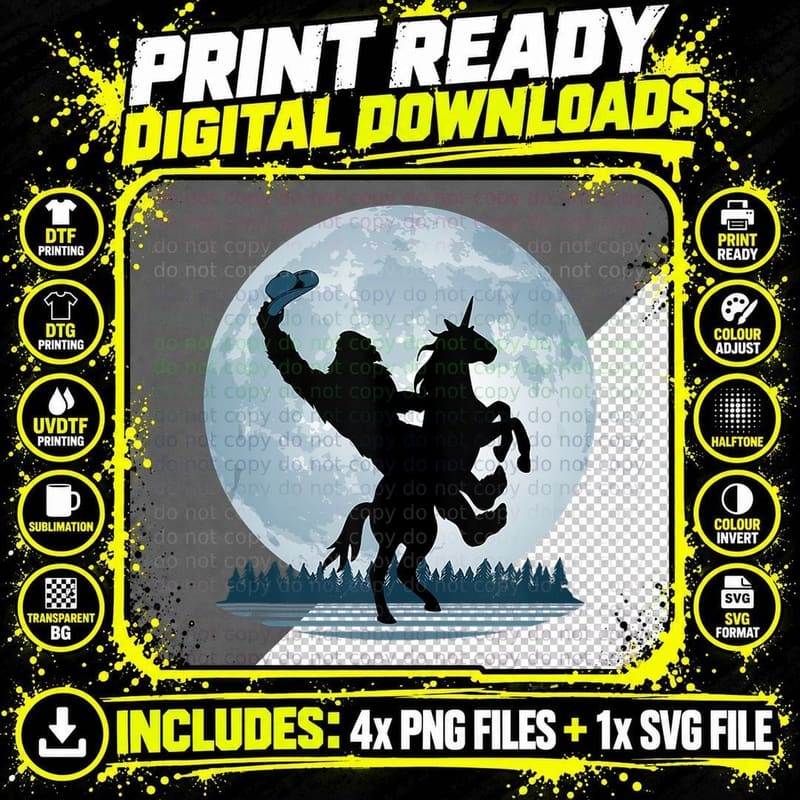 Cowboy Bigfoot on a Unicorn - Sasquatch Full Moon Forest Png SVG Digital Bundle