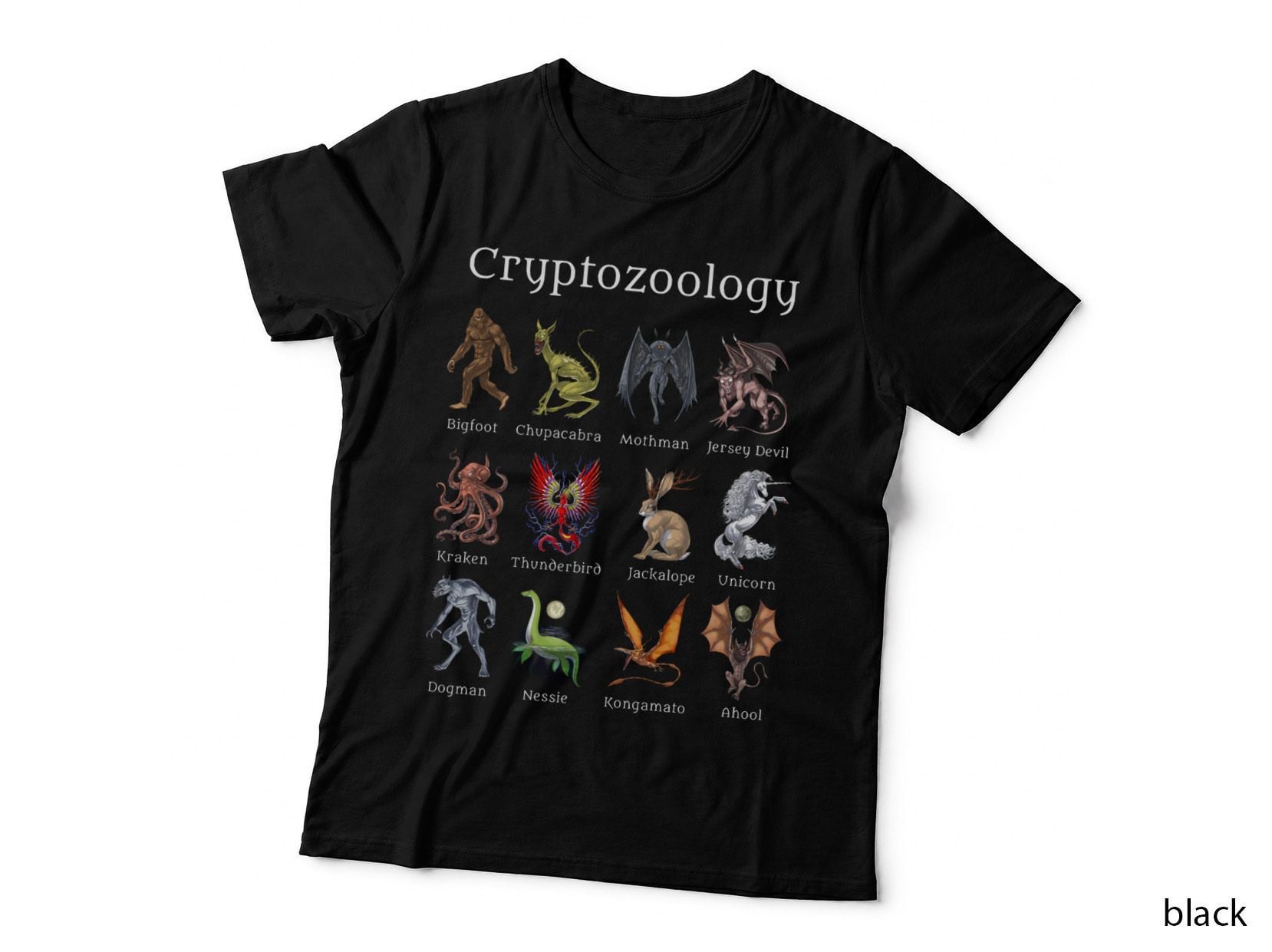 Cryptozoology Chart Tee, Mothman Bigfoot Nessie Kraken Cryptid Creatures