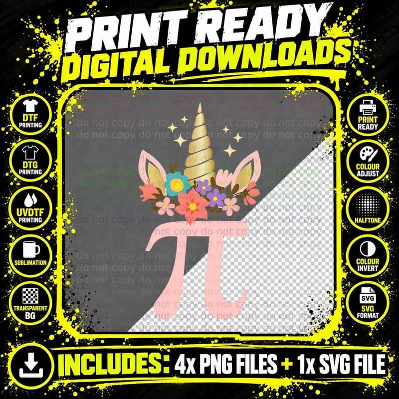 Cute Unicorn Face Pi Day Girls Women Math Geek T-Shirt Png SVG Digital Bundle