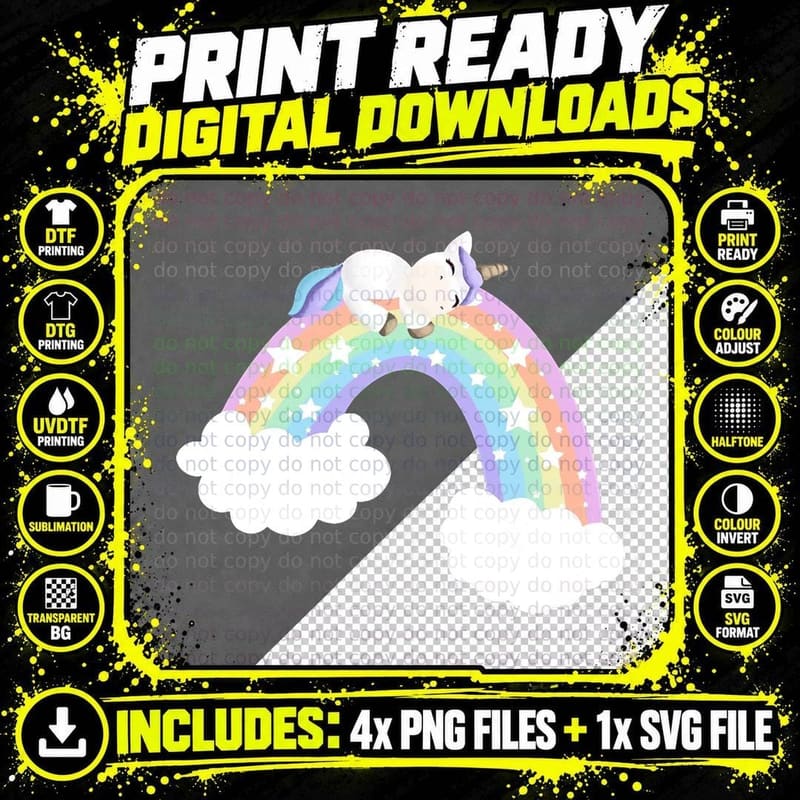 Cute Unicorn Laid on a Rainbow T-Shirt Png SVG Digital Bundle