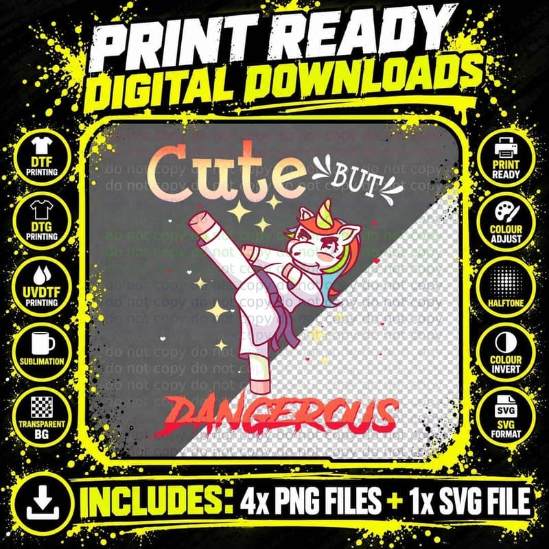 Cute but Dangerous Karate Taekwondo Martial Arts Unicorn Png SVG Digital Bundle