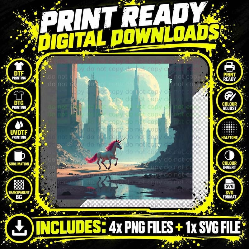 Dystopian Unicorn Skipping T-Shirt Png SVG Digital Bundle