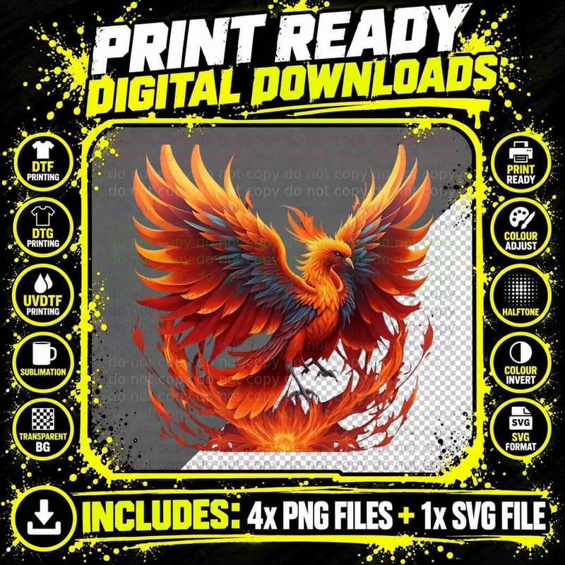 Fiery Phoenix Spreading Its Wings T-Shirt Png SVG Digital Bundle