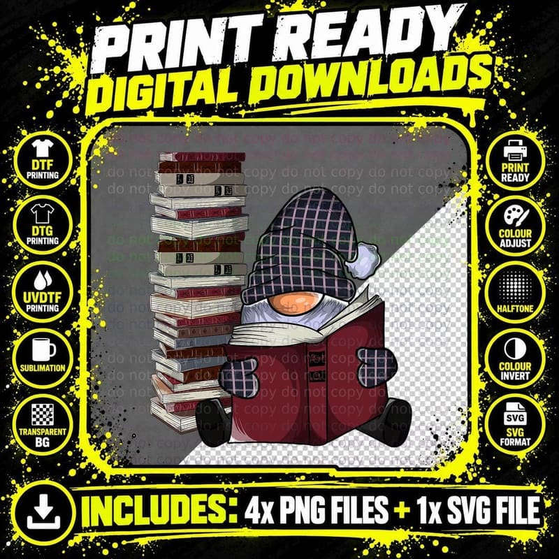 Garden Gnome Reading Books, Gnomes Book Lover Png SVG Digital Bundle