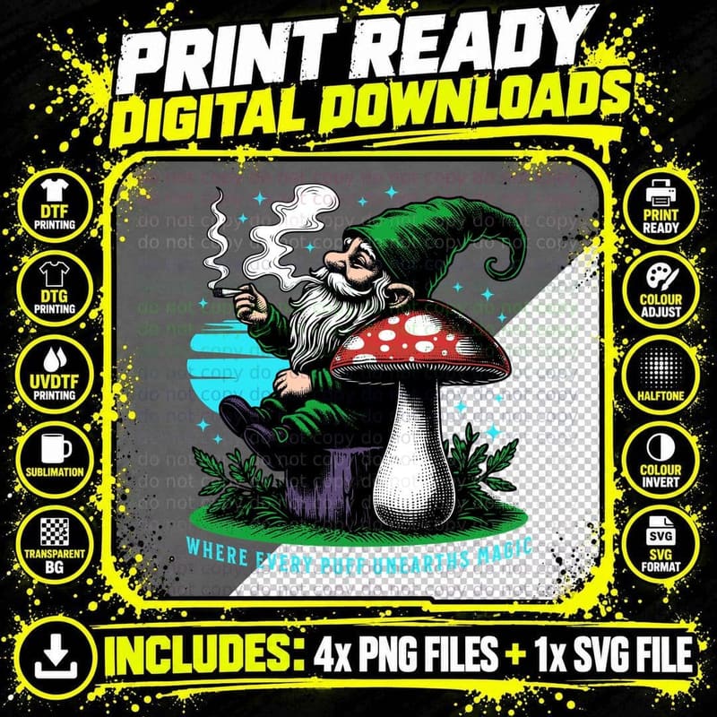 Gnome Smoking Weed T-Shirt, Mushroom Print Png SVG Digital Bundle