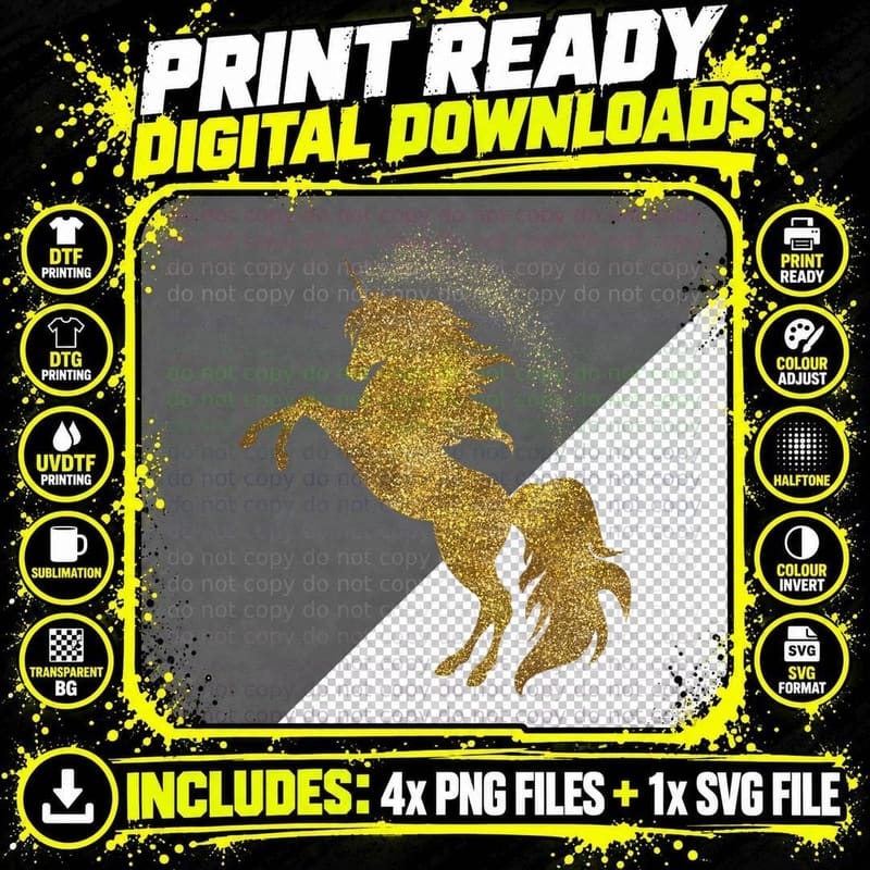 Golden Cute Glitter Beautiful Unicorn T Gold T-Shirt Png SVG Digital Bundle