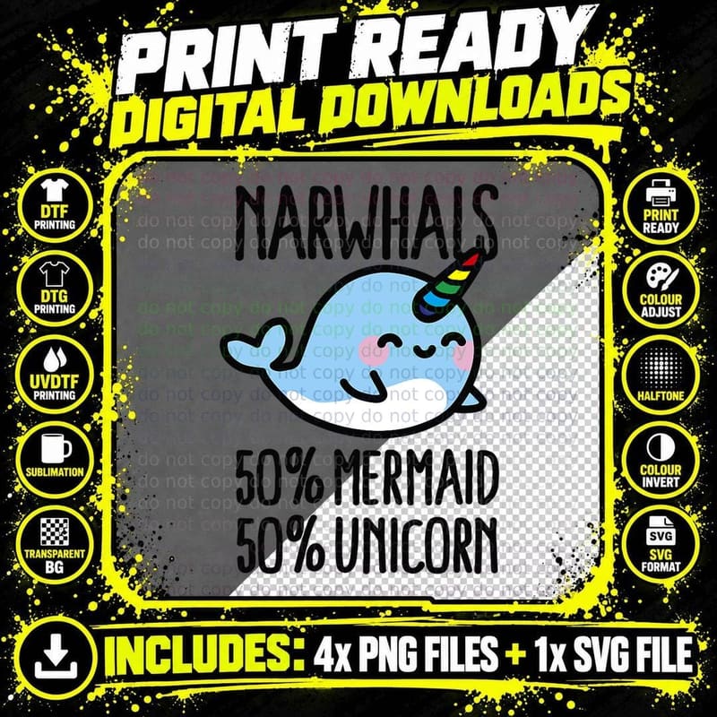 Hilarious Narwhals 50 Mermaid 50 Unicorn Kids T-Shirt Png SVG Digital Bundle