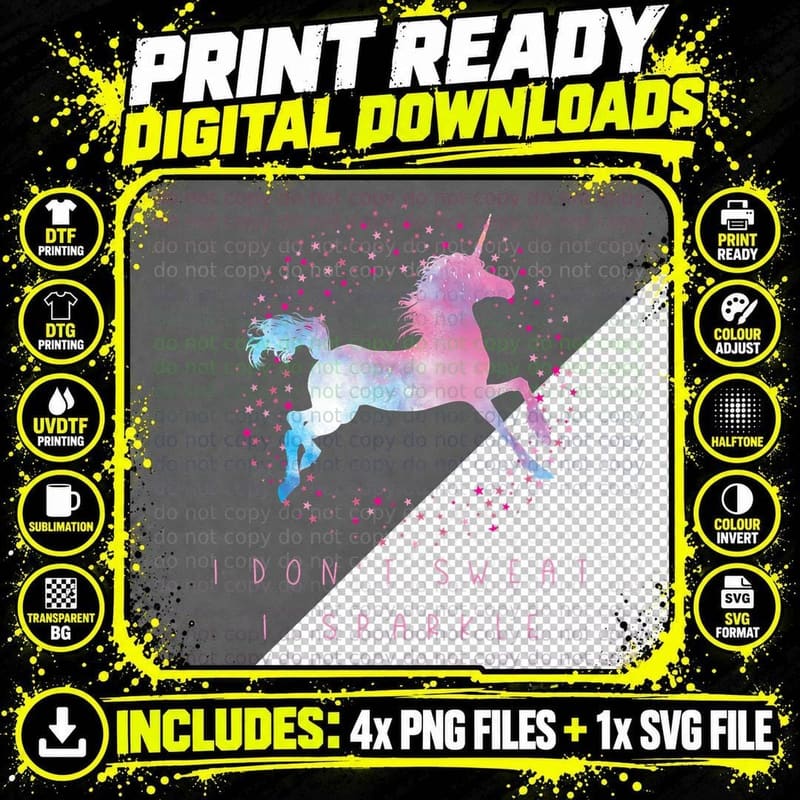 I Don't Sweat I Sparkle Unicorn Workout & Fitness Top Png SVG Digital Bundle