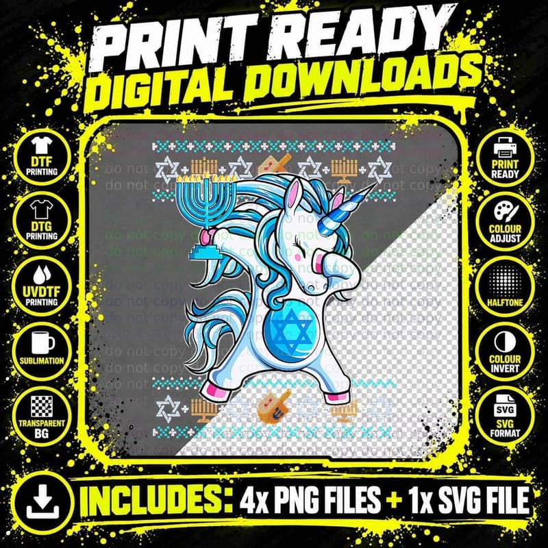Jewnicorn Jewish Unicorn Hanukkah Pajama T-Shirt Png SVG Digital Bundle