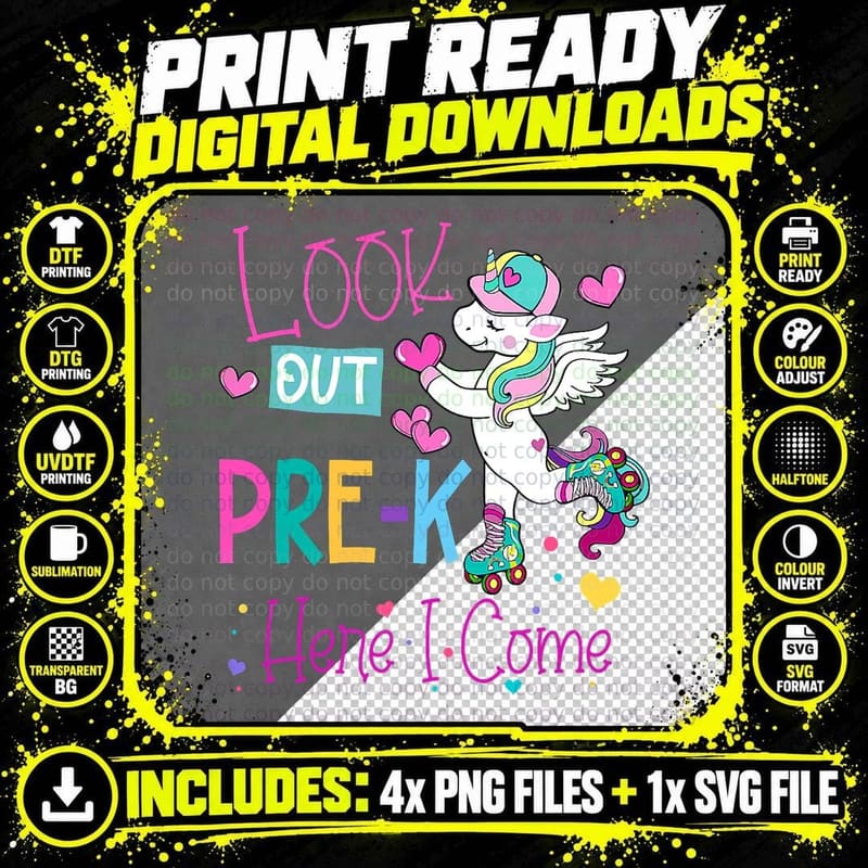 Kids Look Out Pre K Grade Here I Come Unicorn T-Shirt Png SVG Digital Bundle