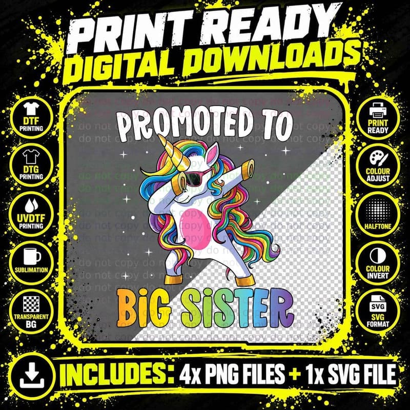 Kids Promoted to Big Sister Girls Dabbing Unicorn Older Png SVG Digital Bundle