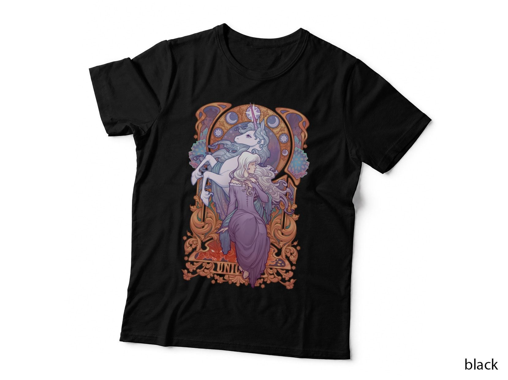 Lady Amalthea T-Shirt, the Last Unicorn Art Nouveau, Fantasy Maiden Mucha Style
