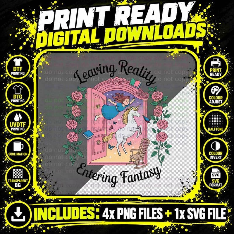 Leaving Reality Entering Fantasy Books T-Shirt Png SVG Digital Bundle