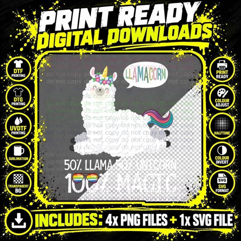 Llama Unicorn T-Shirt, Fantasy Animal Art Png SVG Digital Bundle