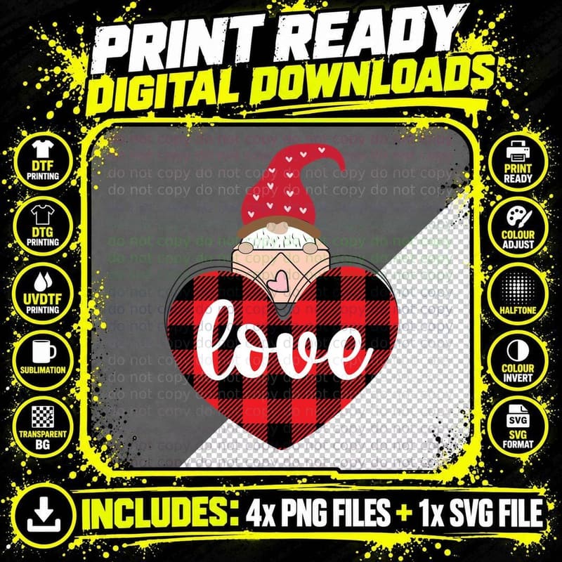 Love Gnome Holding Heart Red Plaid T-Shirt Png SVG Digital Bundle