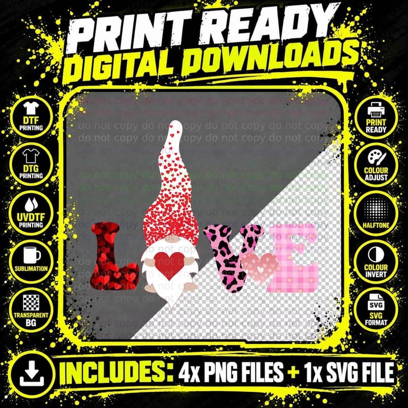 Love Gnome Leopard Hearts Pink Plaid T-Shirt Png SVG Digital Bundle
