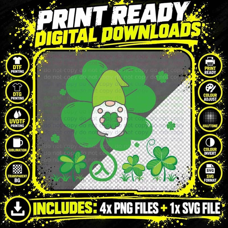 Lucky Gnome with Four-Leaf Clover Earth Day T-Shirt Png SVG Digital Bundle