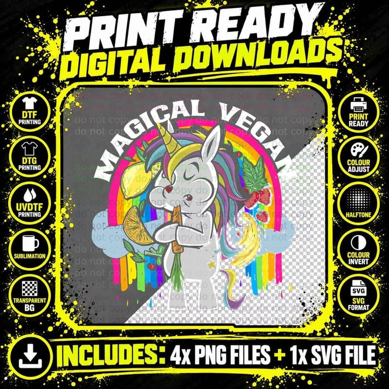 Magical Vegan Unicorn Veggie Vegetables Vegetarian Png SVG Digital Bundle