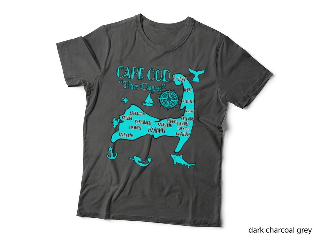 Map of Cape Cod Aqua Blue Nautical Symbols Fish Mermaid T-Shirt