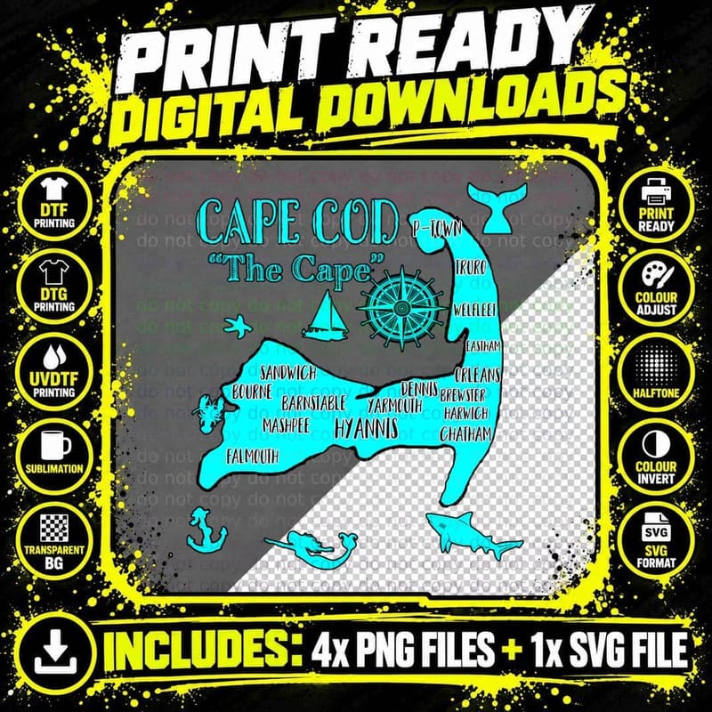 Map of Cape Cod Aqua Blue Nautical Symbols Fish Mermaid Png SVG Digital Bundle