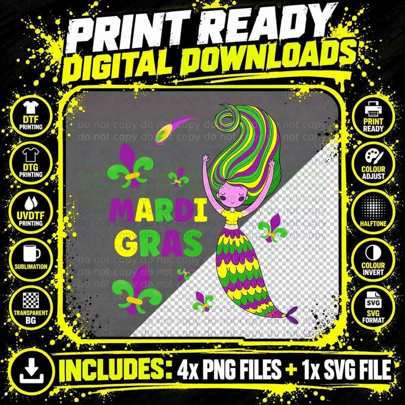 Mardi Gras Mermaid Fleur De Lis Mardi Gras Carnival Png SVG Digital Bundle