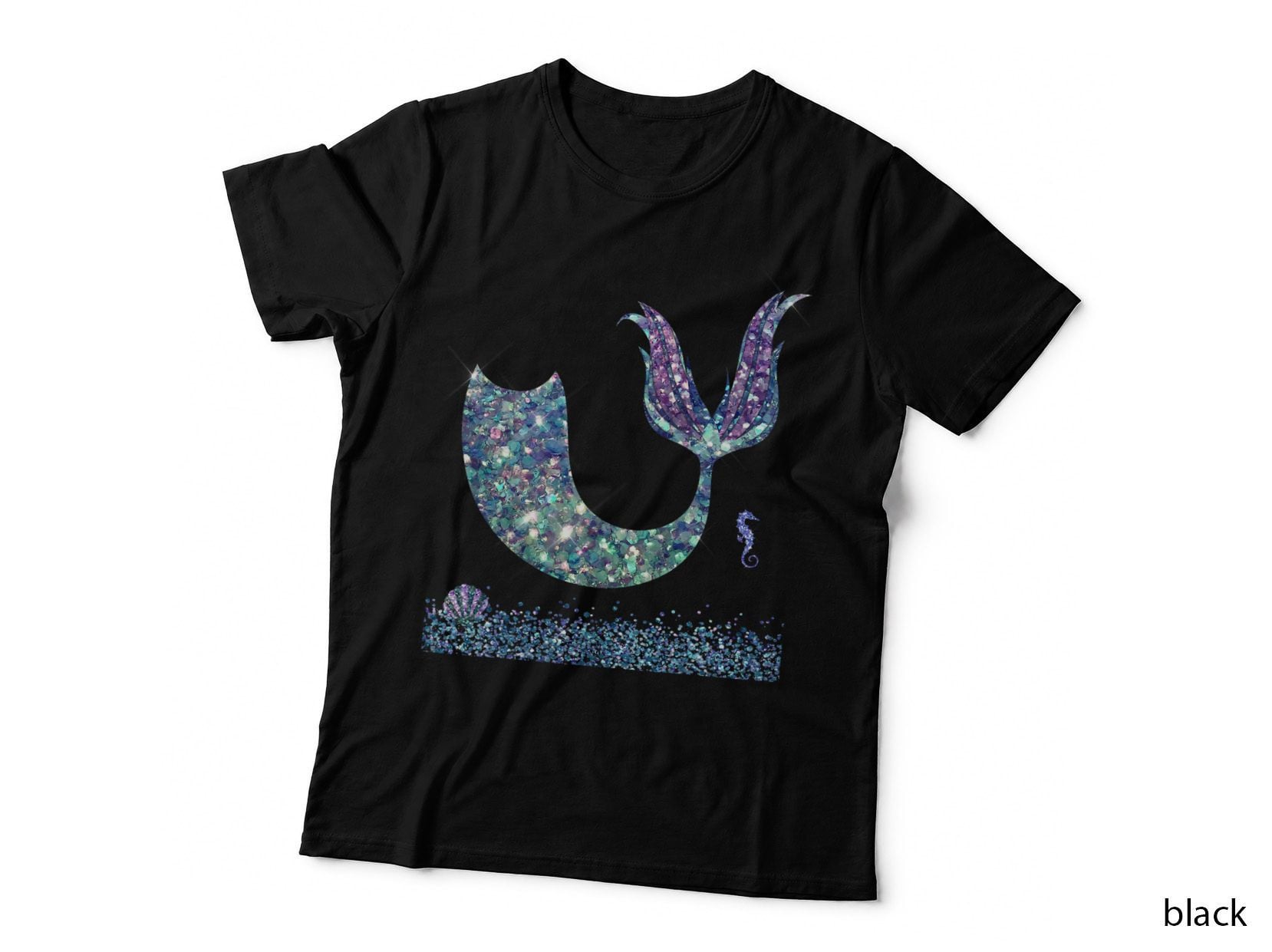 Mermaid Tail in Printed Sparkle Glitter Mermaid Ocean T-Shirt