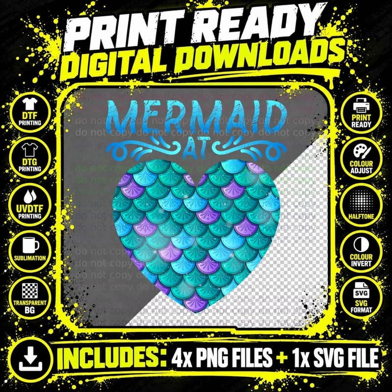 Mermaid at Heart Ocean Fish Tail Deep Sea Mermaid Shells Png SVG Digital Bundle