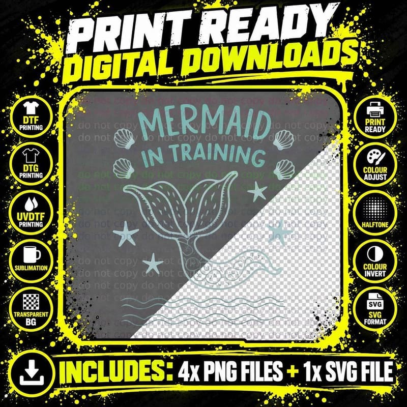 Mermaid in Training Seashells Starfish Whimsical Ocean Png SVG Digital Bundle