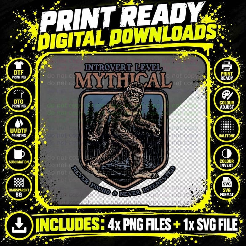 Mythical Bigfoot T-Shirt, Introvert Level Tee Png SVG Digital Bundle