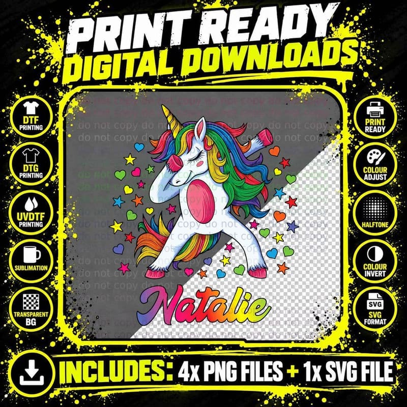 Natalie Dabbing Unicorn Rainbow Personalized Name Custom Png SVG Digital Bundle