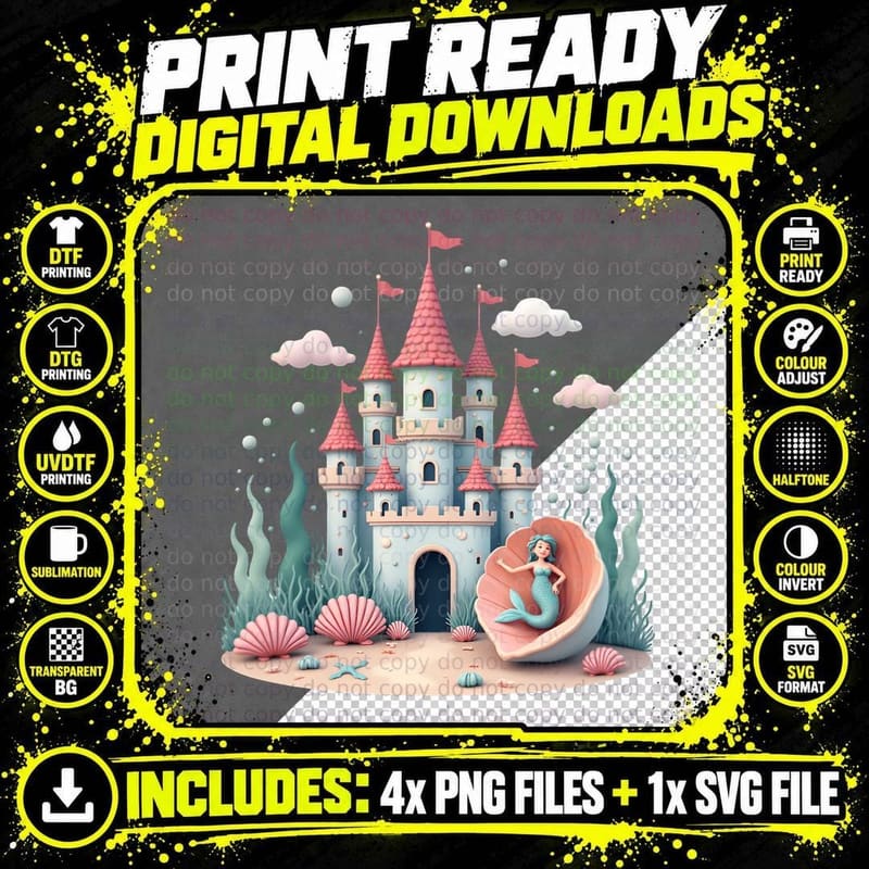 Pastel Underwater Castle Mermaid T-Shirt Png SVG Digital Bundle