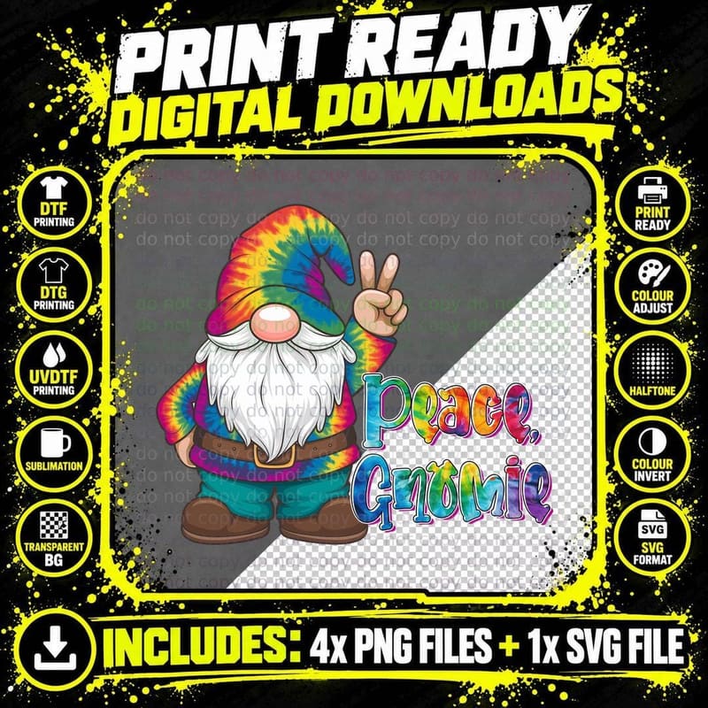 Peace Gnomie Hippie T-Shirt, Hippie Gnome Peace Sign Png SVG Digital Bundle