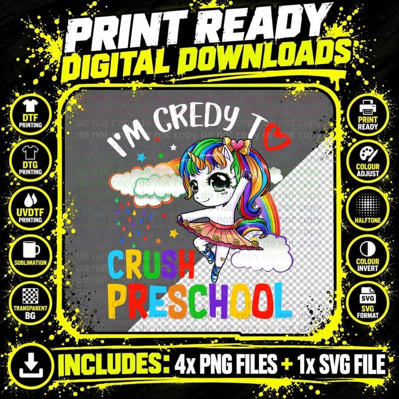 Preschool Unicorn T-Shirt, Rainbow Fantasy Style Png SVG Digital Bundle