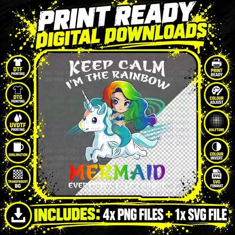 Rainbow Mermaid T-Shirt, Fantasy Art Png SVG Digital Bundle