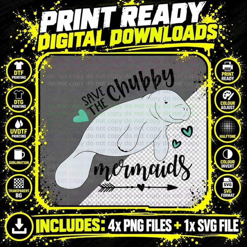 Save the Chubby Mermaid Top Walrus Lover Present Png SVG Digital Bundle