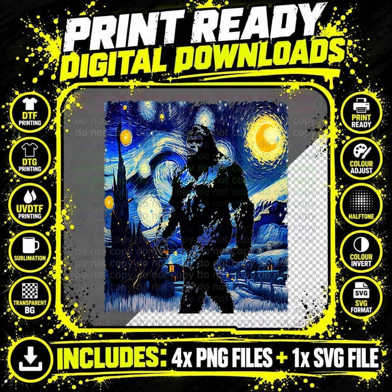 Starry Night Bigfoot Shirt Van Gogh Art Painting Png SVG Digital Bundle