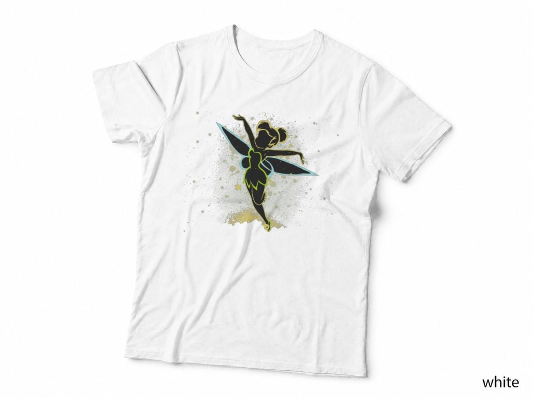 Tinker Bell Fairy Silhouette T-Shirt, Watercolour Green Splash, Fantasy Fan