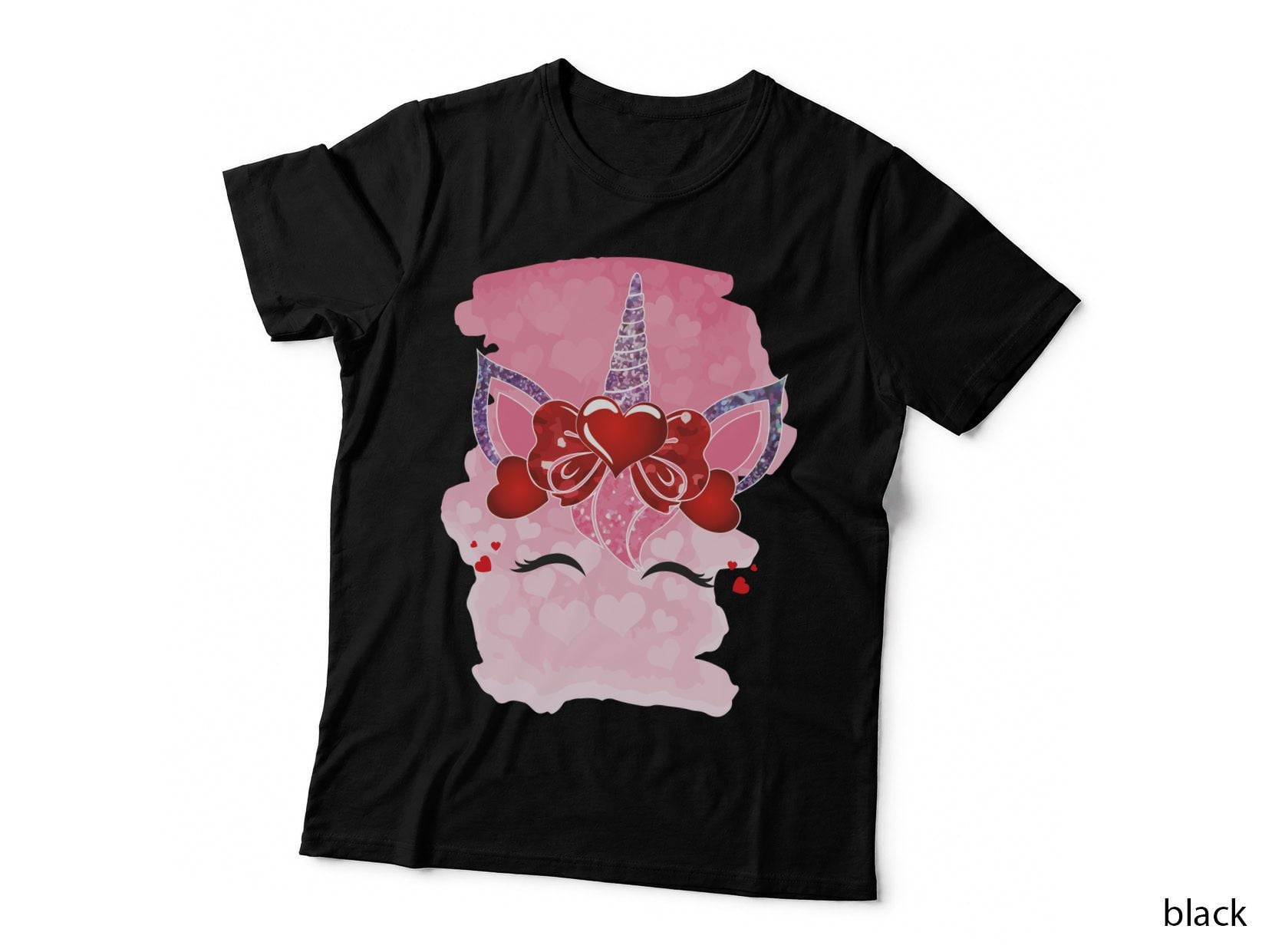 Unicorn Head Purple Pink Horn Hearts T-Shirt