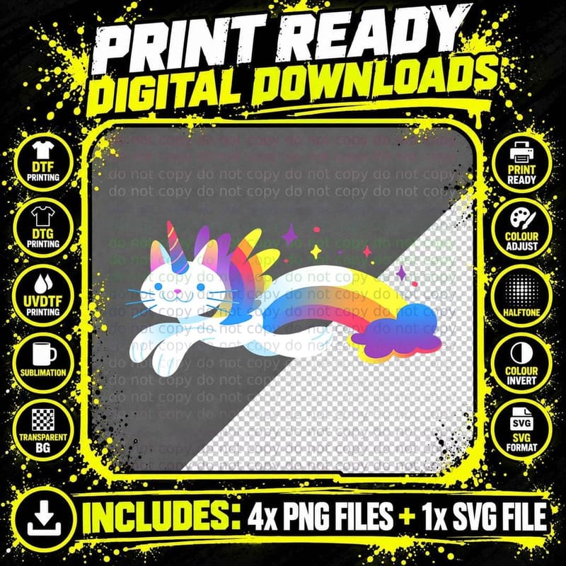 Unicorn Kitty Rainbow - Flying Unicat Caticorn T-Shirt Png SVG Digital Bundle