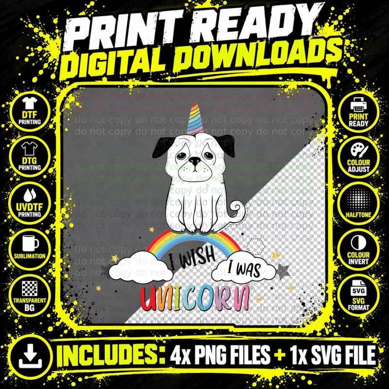 Unicorn Pug T-Shirt, Rainbow Fantasy, Pet Lover Apparel Png SVG Digital Bundle