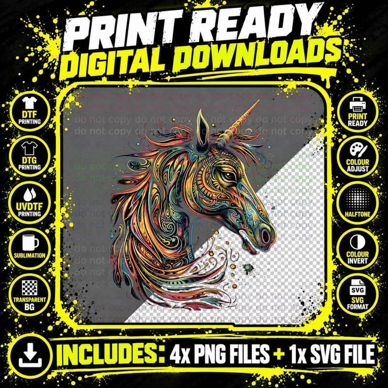 Unicorn Trippy, Psychedelic Magical Mythical Creatures Png SVG Digital Bundle