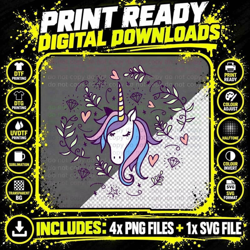 Unicorn with Pink Hearts and Diamonds Magical Unicorn Png SVG Digital Bundle