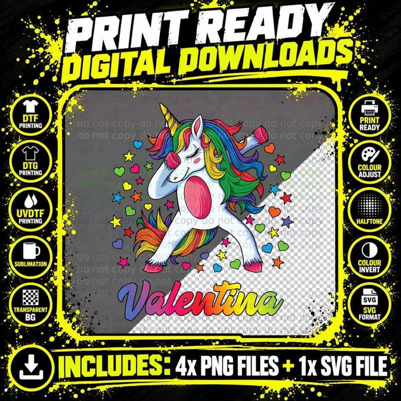 Valentina Dabbing Unicorn Rainbow Personalized Name Png SVG Digital Bundle