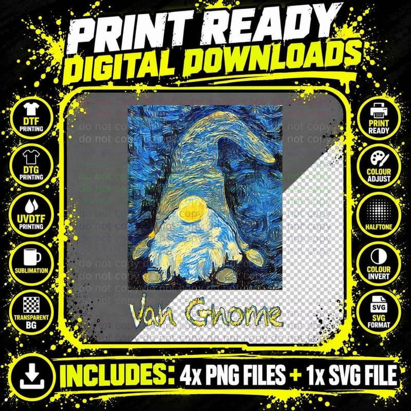 Van Gogh Style Van Gnome Art Painting Design Starry Png SVG Digital Bundle
