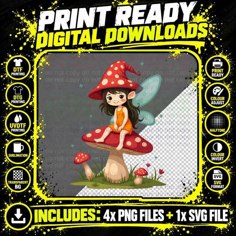 Whimsical Cartoon Fairy Mushroom Blue Wings T-Shirt Png SVG Digital Bundle