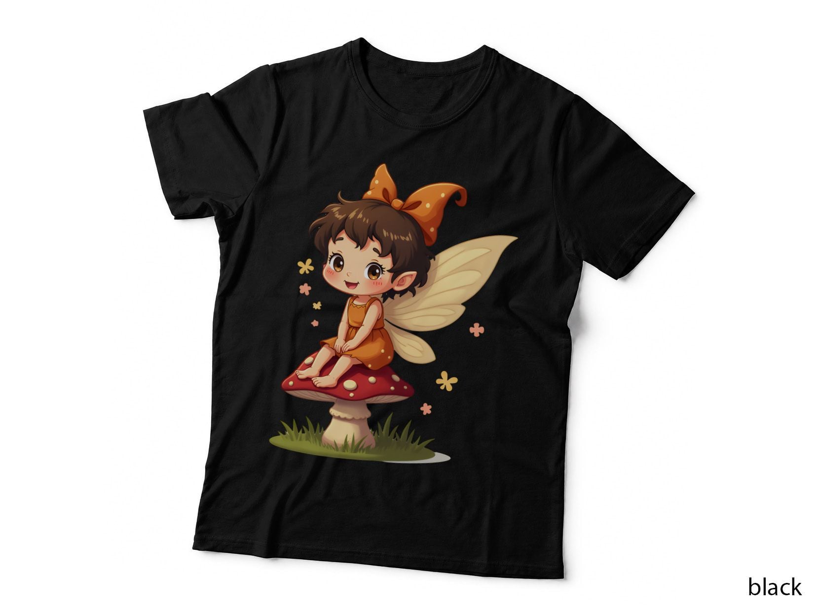 Whimsical Cartoon Fairy Red Mushroom Orange Polka Dots T-Shirt