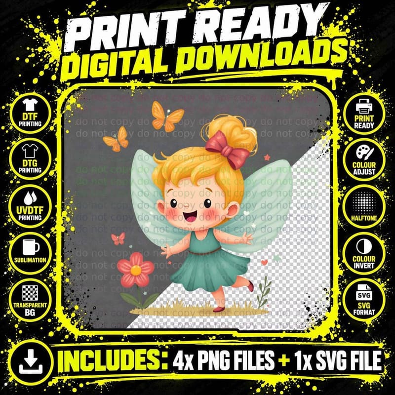 Whimsical Cartoon Fairy Teal Dress Butterflies T-Shirt Png SVG Digital Bundle