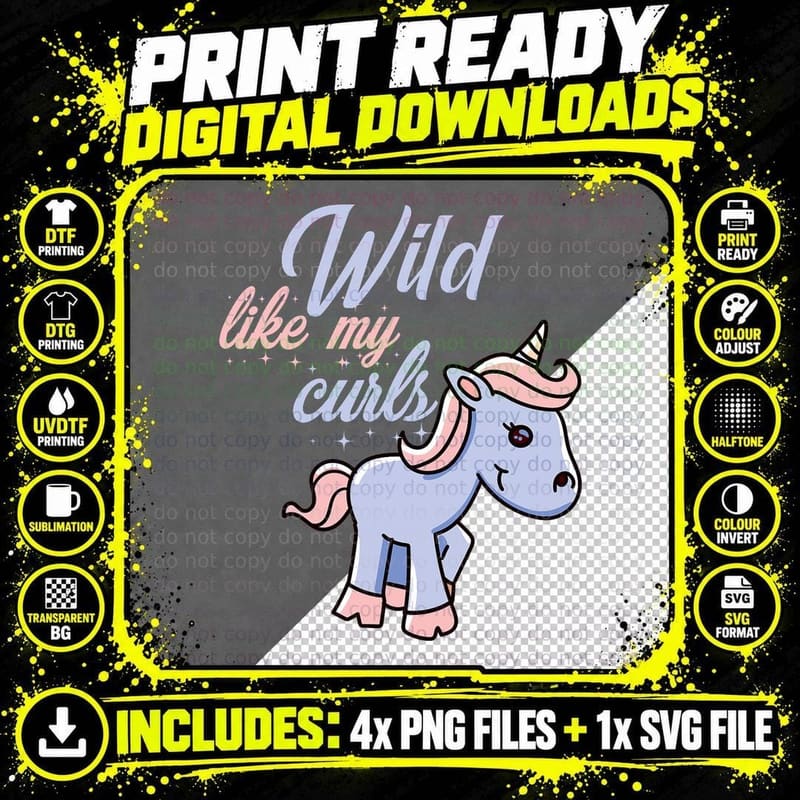 Wild Like My Curls Toddler Cute Unicorn Curly Haired Png SVG Digital Bundle