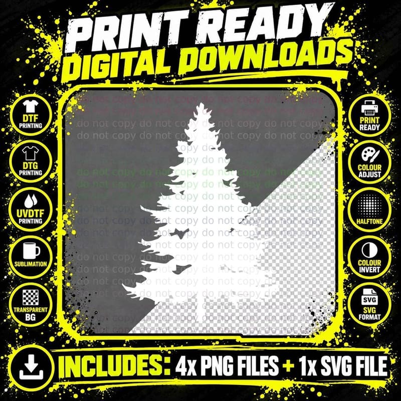 Black Pine Tree Silhouette on Gray Background Forest Png SVG Digital Bundle
